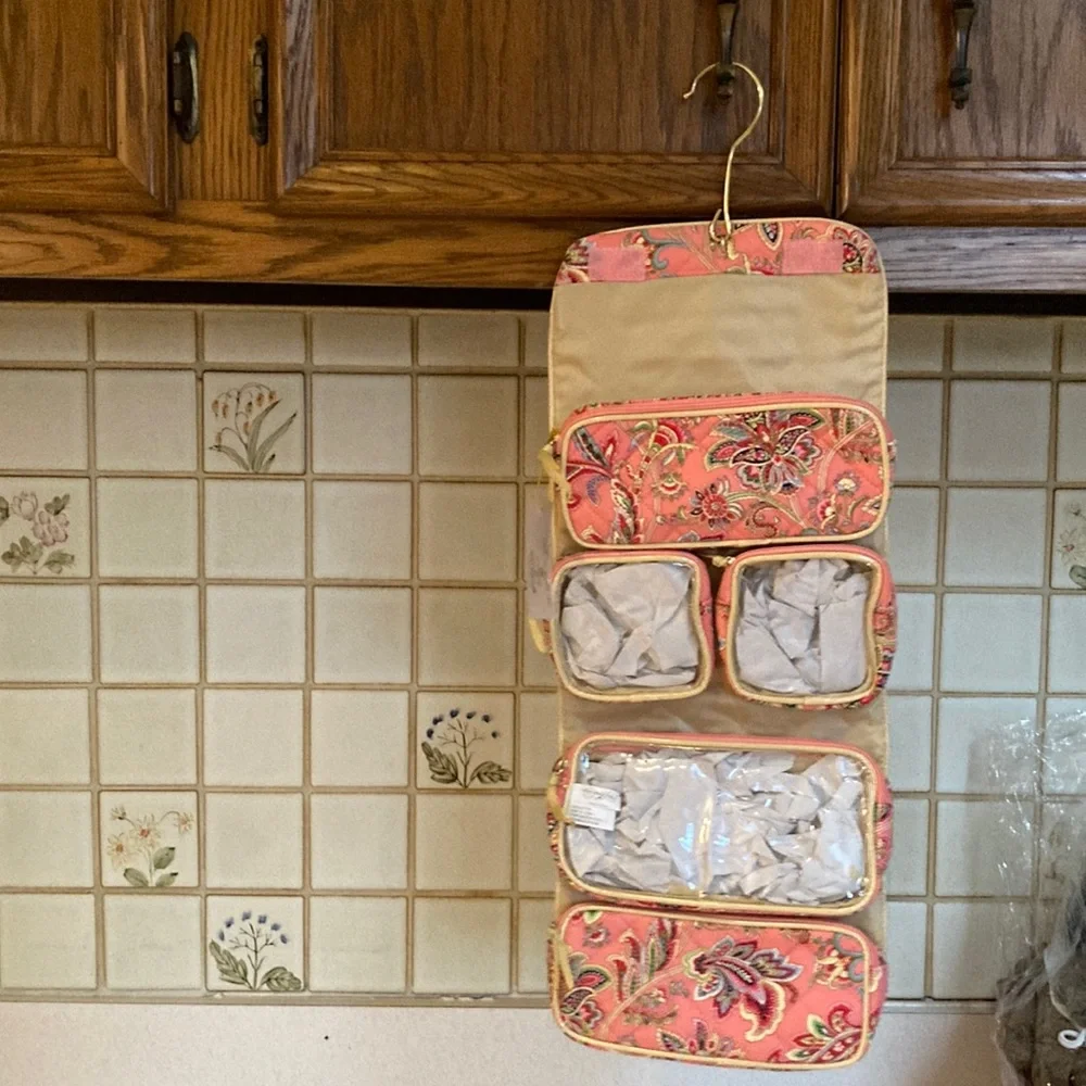 Vera Bradley Pink and Green Makeup Organizer Set